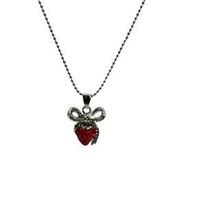 Elegant Silver Necklace with Red Strawberry with Bow Pendant